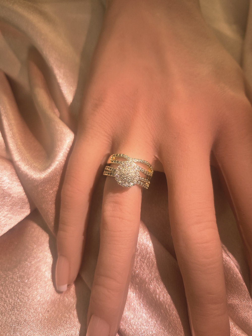 14k Gold Plated Pave Halo Bridal Statement Ring - Women Jewelry
